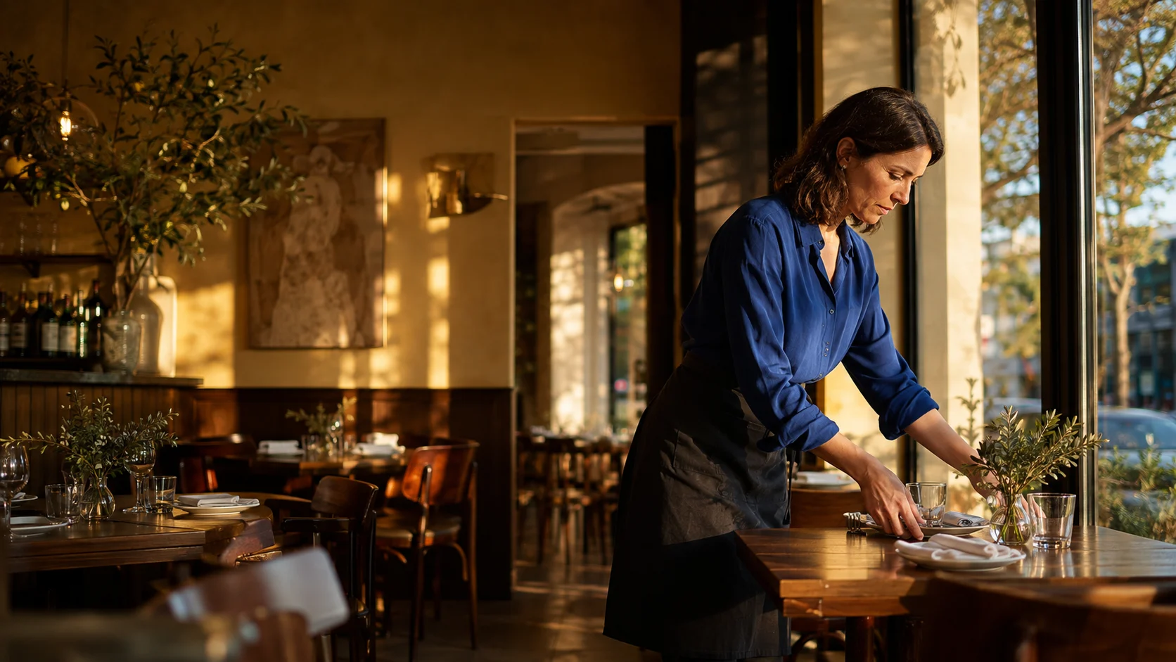 Illustrative campaign scene of a restaurant owner preparing her dining room in afternoon sunlight